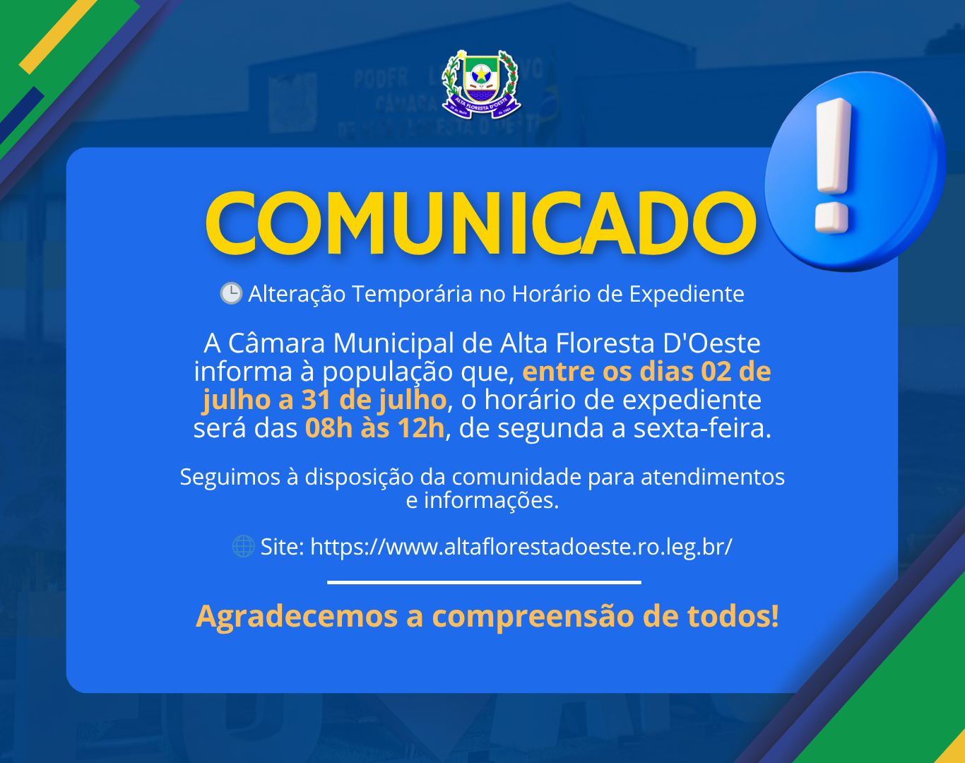 📢 COMUNICADO - Alteração Temporária no Horário de Expediente