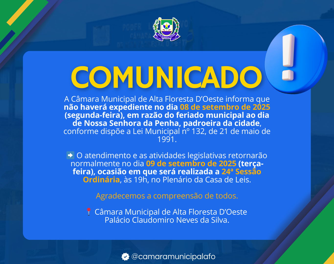 ➡️ A Câmara Municipal informa sobre expediente no dia 08 de setembro