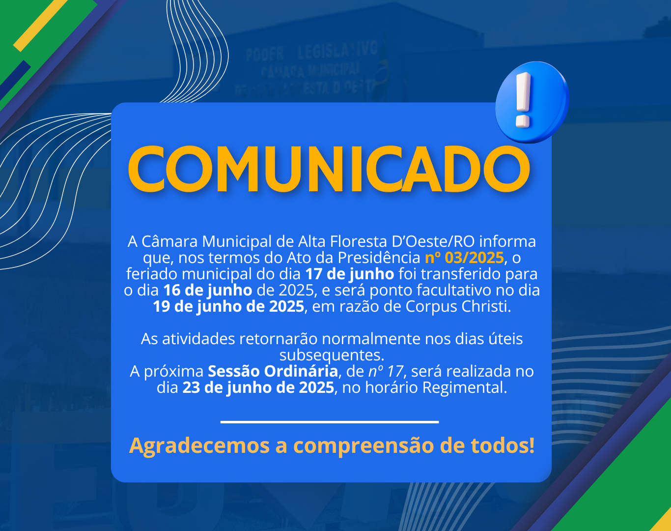 COMUNICADO - HORÁRIO DE FUNCIONAMENTO