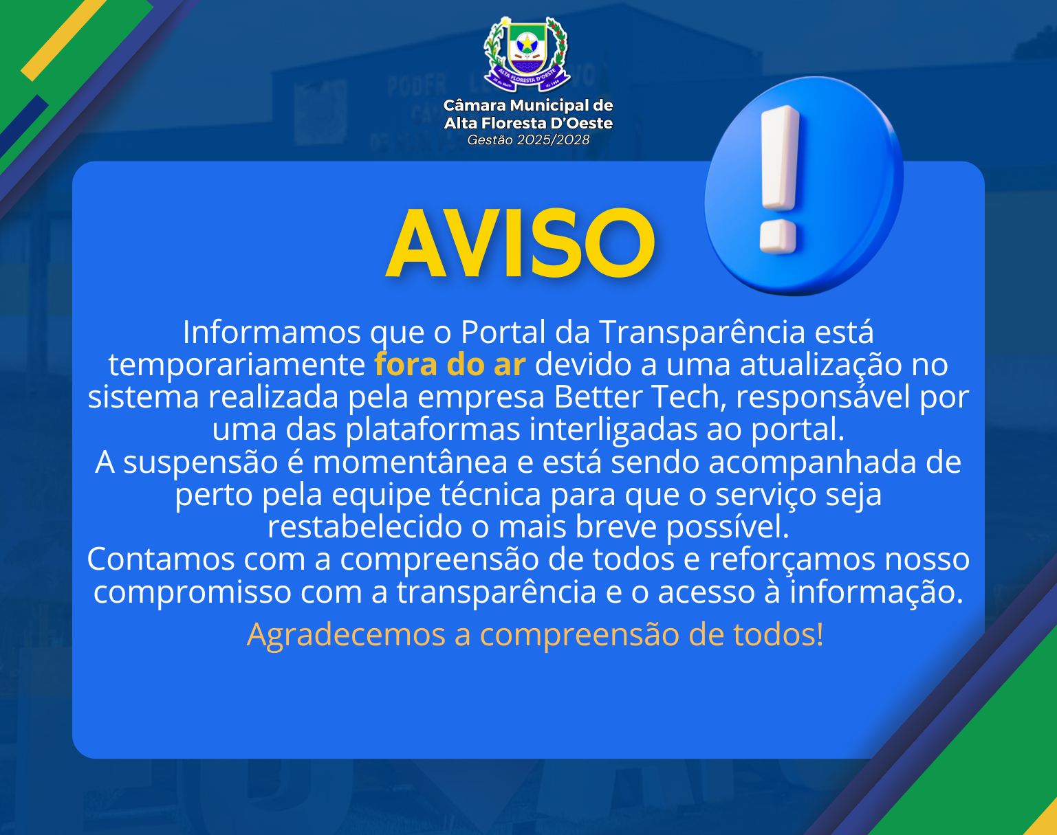 COMUNICADO OFICIAL -  Portal da Transparência está temporariamente fora do ar 